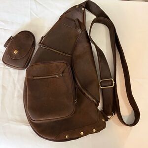 Vintage Distressed Leather Sling Backpack Crossbody Chest Bag Travel EDC Brown